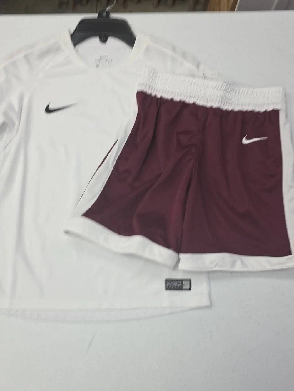 Nike White Dri-FIT Tee with Maroon and White Athletic Shorts - Picture 5 of 5